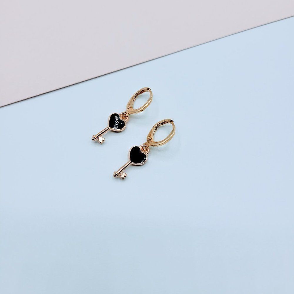 7/$35 Gold & Black Enamel Heart Key Earrings - Picture 4 of 6